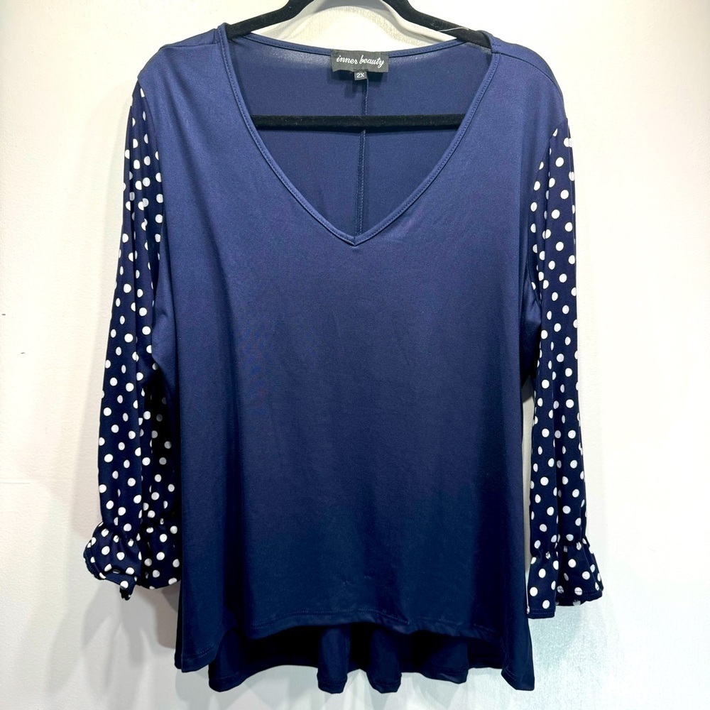 Navy Blue V Neck Polka Dot Ruffle Cuff Long Sleeves Knit Top Inner Beauty NEW